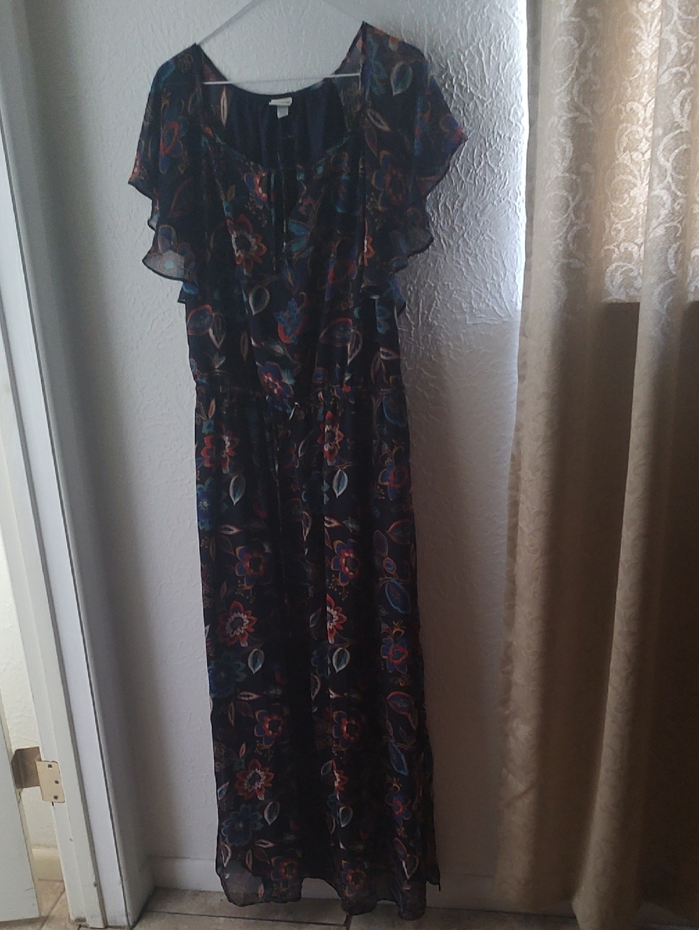 Floral Ruffle Maxi Dress in Black with Multicolor Print